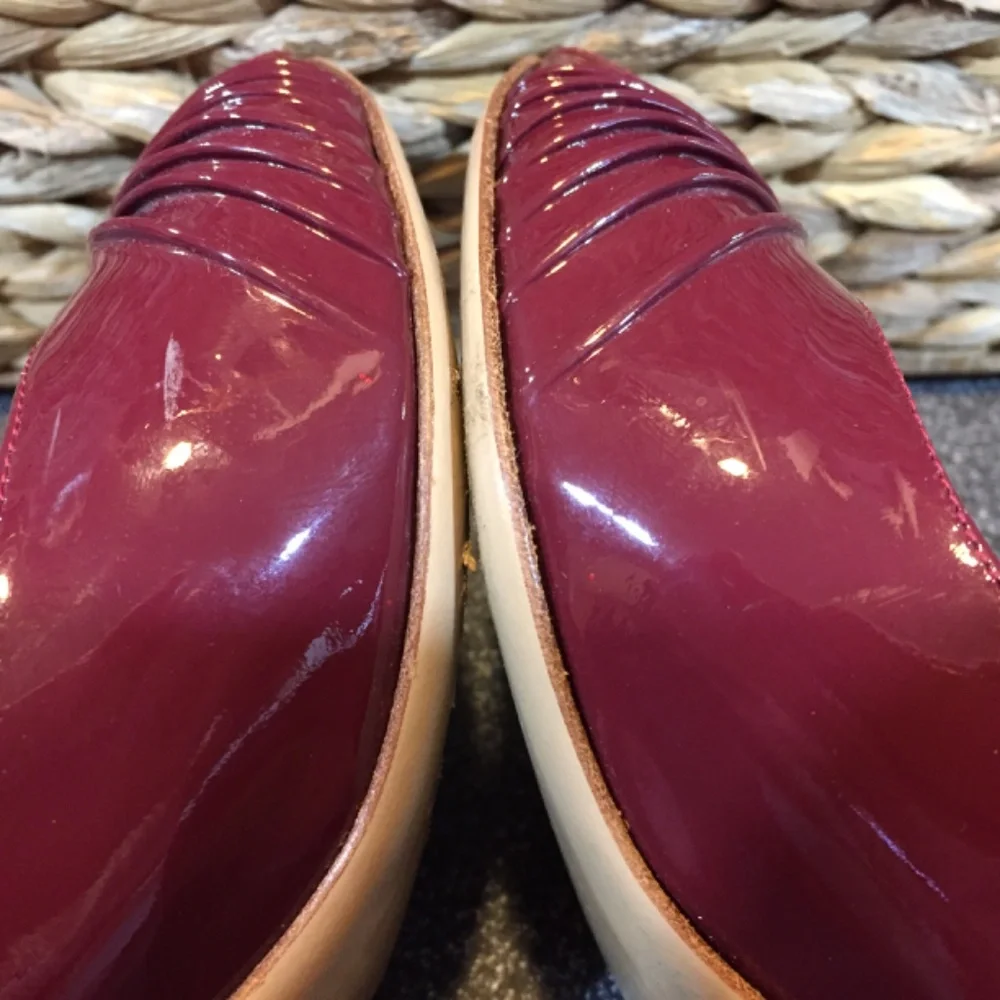 Salvatore Ferragamo Burgundy Patent Peep-Toe Heels with Gold Accent